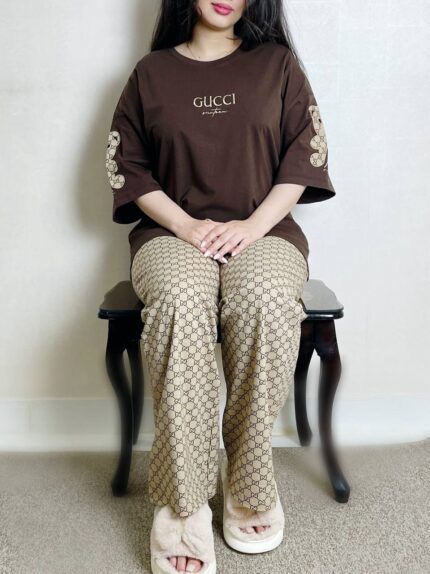 ست گلدوزی تکه دوزی تیشرت و شلوار gucci کد 865